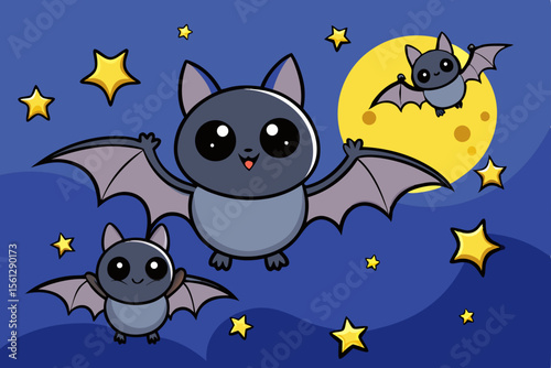 Charming bats and stars against a dark sky vector illustration