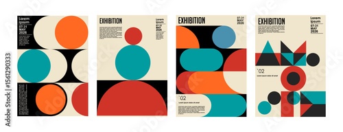 Art exhibition posters with abstract painting design. Vector vertical banners, invitation flyers to museum or gallery with trendy creative background with colorful patern blobs and drawn shapes.