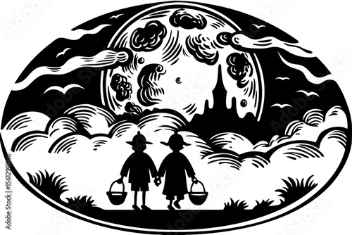 Full moon with silhouettes of trick or treaters vector illustration