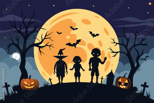 Trick or treater silhouettes against a full moon vector illustration