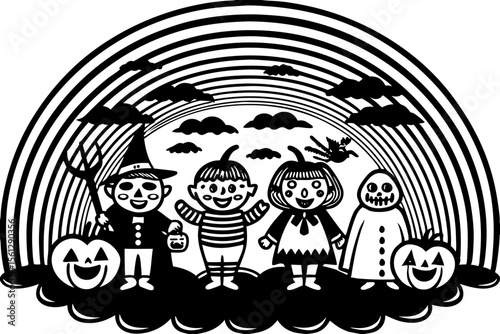 Fun Halloween characters on a rainbow vector illustration