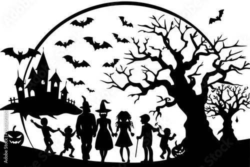 Silhouetted trick or treaters under the full moon vector illustration