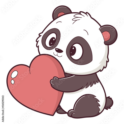 baby panda holding red heart kawaii style
