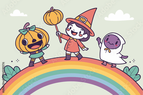 Cheerful Halloween characters with a colorful rainbow vector illustration