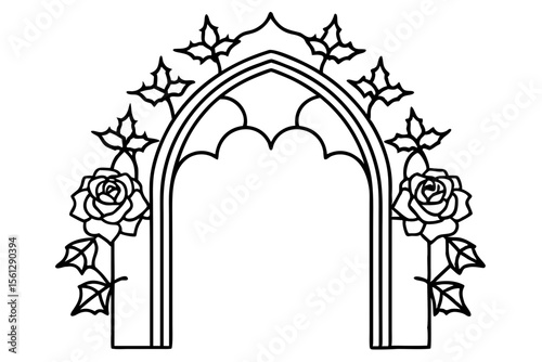 Gothic archway with roses and bats vector illustration