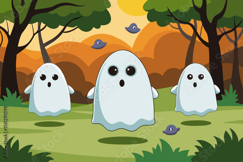 Floating ghosts in a foggy forest vector illustration