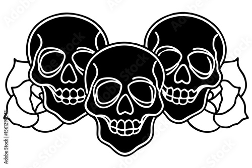 Neon glowing skulls with roses vector illustration