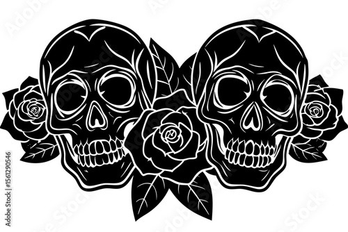 Glowing neon skulls and red roses vector illustration
