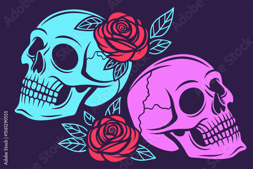 Roses and skulls with a bright neon glow vector illustration
