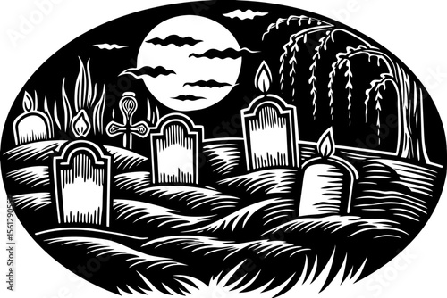 Floating candles in a nighttime cemetery vector illustration