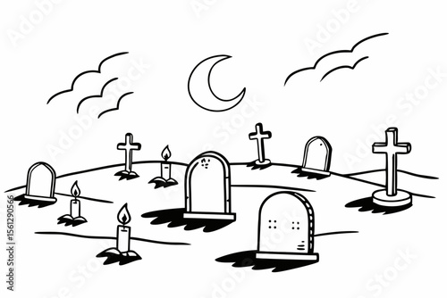 Nighttime graveyard with floating candles vector illustration