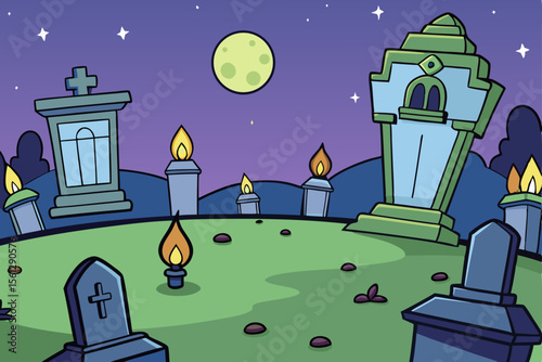 Spooky graveyard at night with drifting candles vector illustration