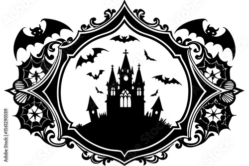 Ornate gothic frame with Halloween icons vector illustration