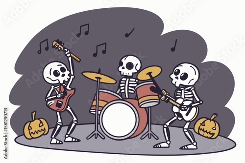 Spooky skeleton band performing Halloween songs vector illustration
