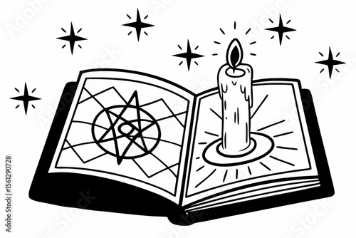Spell book and candle background with arcane runes vector illustration