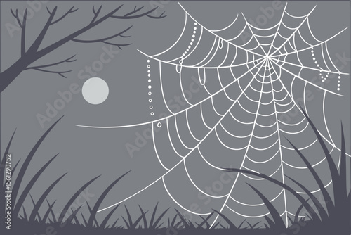Spiderwebs with dew drops in an eerie glow vector illustration