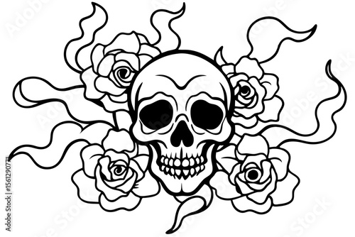 Surreal skull with roses and smoke effects vector illustration