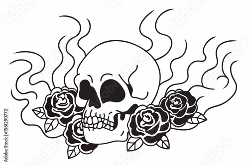 Artistic skull with smoke and roses vector illustration