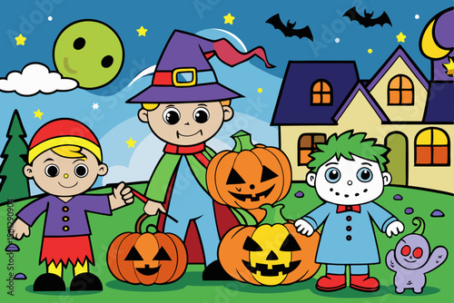 Children celebrating Halloween in costumes vector illustration