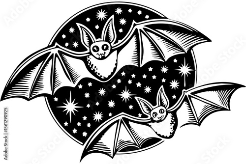 Bats and stars flying across night sky vector illustration