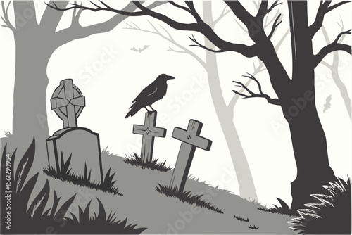 Crows perched on old wooden grave crosses vector illustration