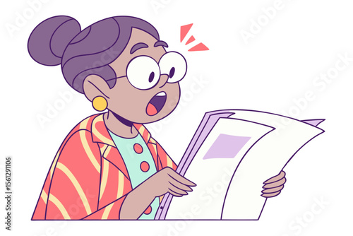Astonished woman with glasses reads newspaper showing surprise and shock with open mouth and wide eyes
