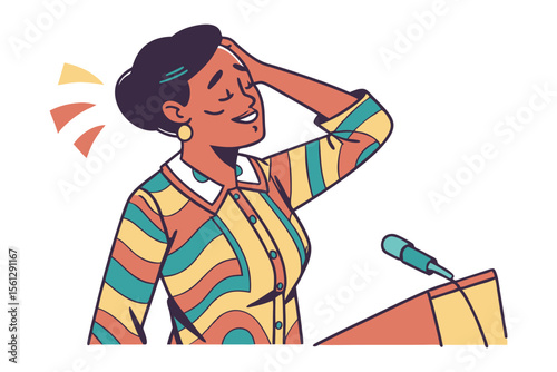 A jubilant woman in a colorful patterned shirt touches her forehead with her hand while speaking at a podium with a microphone