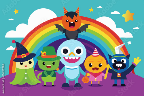 Rainbow filled with Halloween characters vector illustration