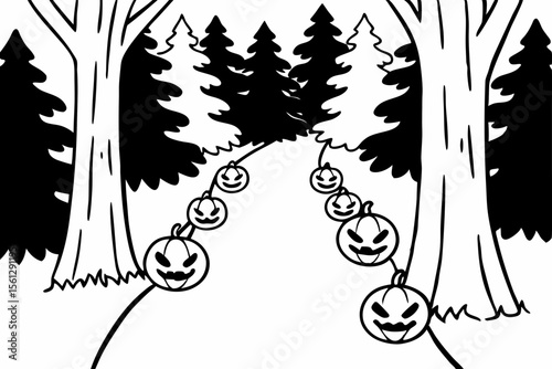 Glowing pumpkins on forest path vector illustration