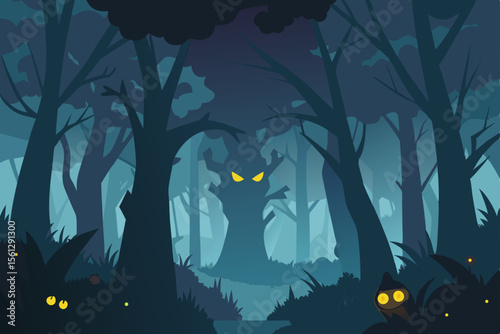 Creepy forest path surrounded by haunted trees vector illustration