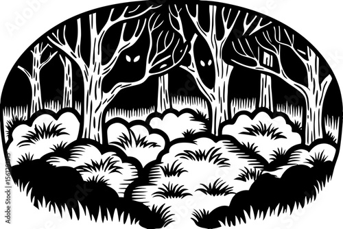 Scary glowing eyes peering through foggy forest vector illustration