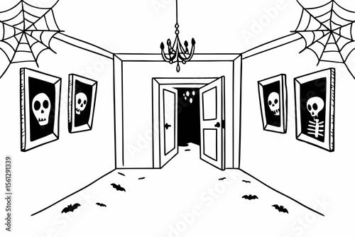 Skeletons hiding in spooky haunted hallway vector illustration