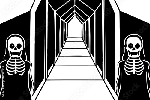 Creepy skeletons peeking from haunted corridor vector illustration