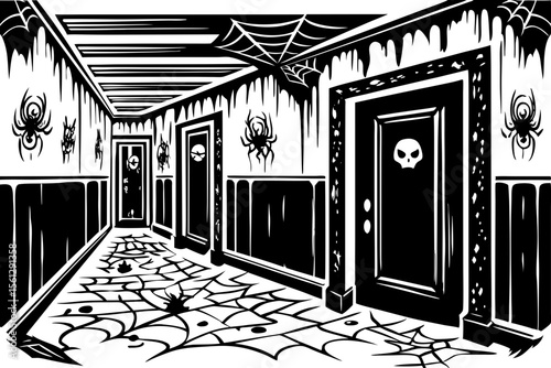 Hallway haunted by lurking skeletons vector illustration
