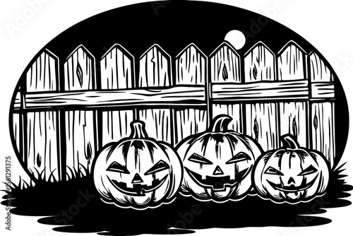 Pumpkins glowing in front of a spooky wooden fence vector illustration