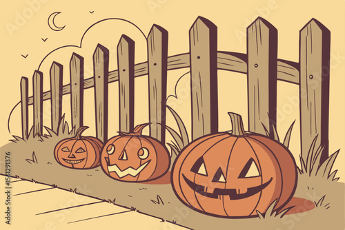 Halloween jack o' lanterns by eerie fence vector illustration