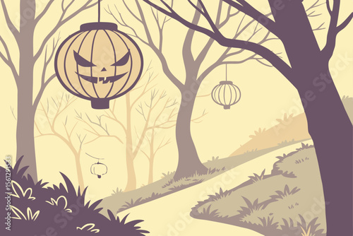 Enchanted forest with pumpkins under moonlight vector illustration