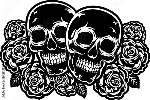 Bright neon roses with glowing skull elements vector illustration