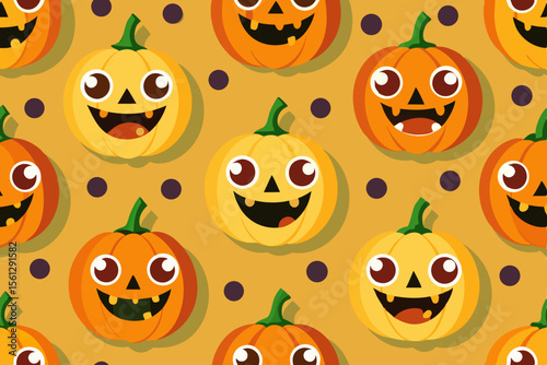 Pumpkin character faces in seamless Halloween design vector illustration