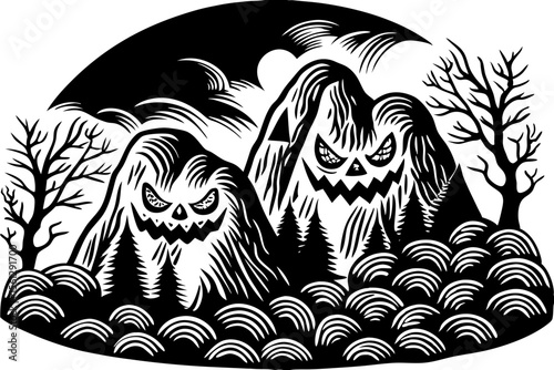 Pumpkin faces on mountain in haunted scenery vector illustration