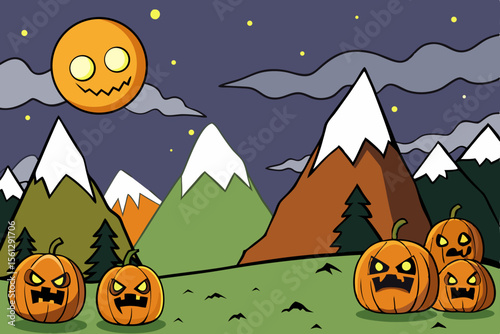 Mountain skyline with spooky carved pumpkin faces vector illustration