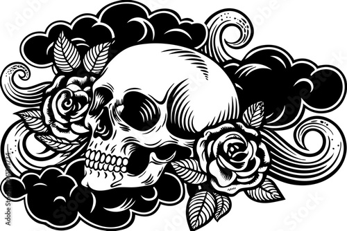 Artistic skull with flowing smoke and roses vector illustration