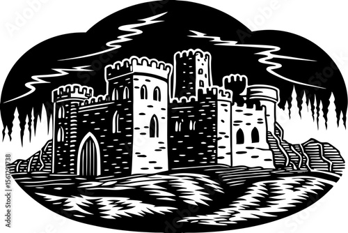Haunted castle in stormy background with lightning vector illustration