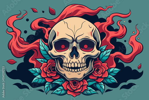Creative skull design with smoke and roses vector illustration