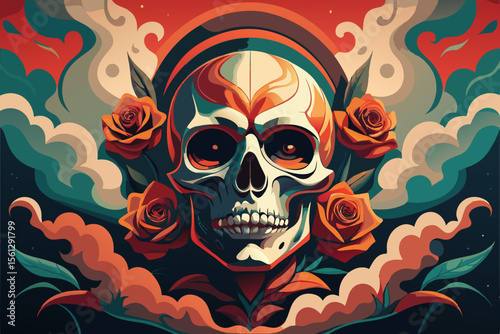 Ornate skull with smoke tendrils and rose blossoms vector illustration