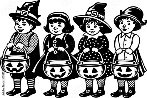 Children in costumes holding jack o' lantern buckets vector illustration