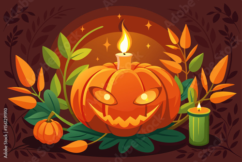 Classic pumpkin and glowing candle arrangement vector illustration