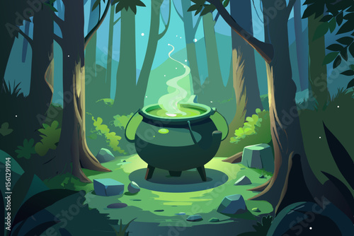 Green potion brewing in a cauldron within a dark wood vector illustration