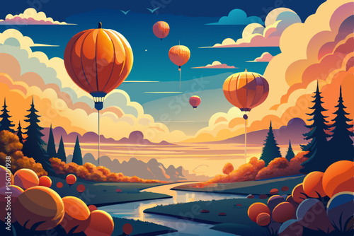 Cloudy sky filled with floating pumpkin balloons vector illustration