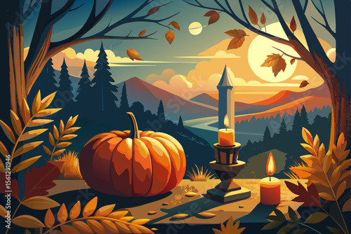Traditional pumpkin and candlelight scene vector illustration